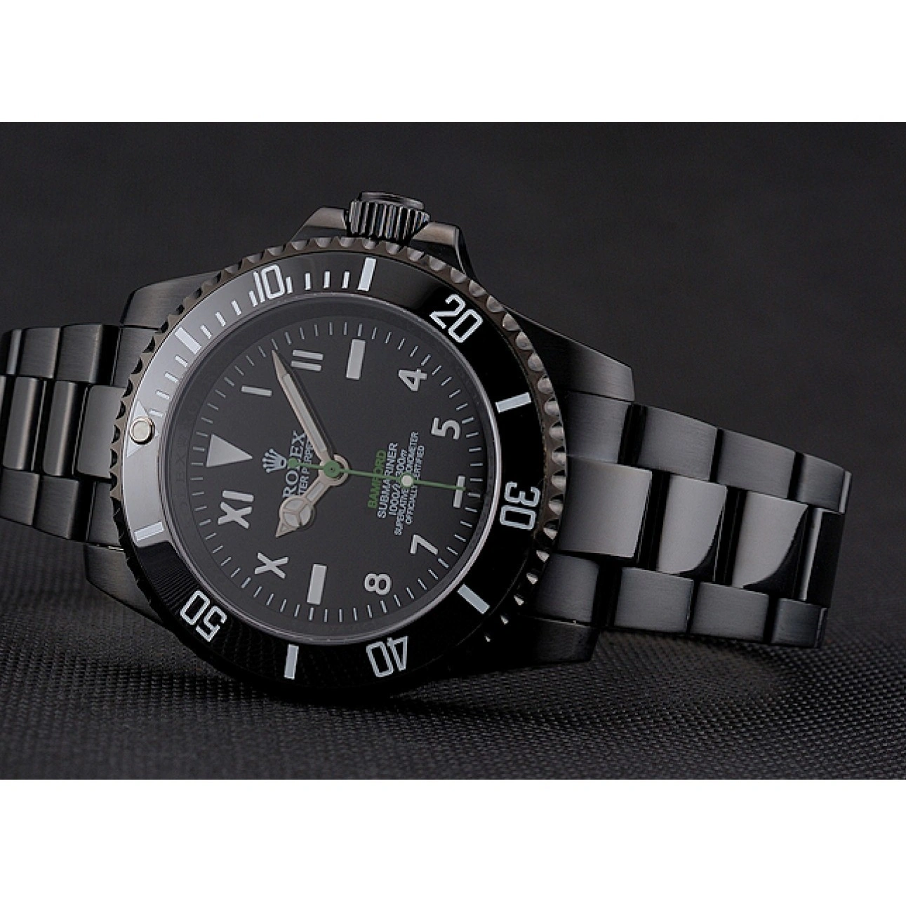 MiroTime 1025 Rolex Bamford Submariner Black Dial Roman Numerals Black Ionized Case And Bracelet